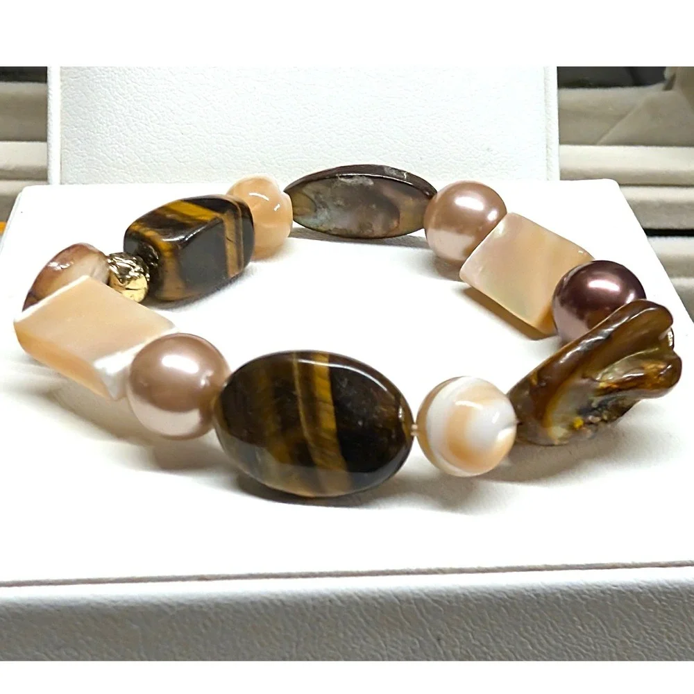 Vintage Tiger Eye Mother of Pearl‎ Stretch Bracelet Brown Earthy Beaded Beads